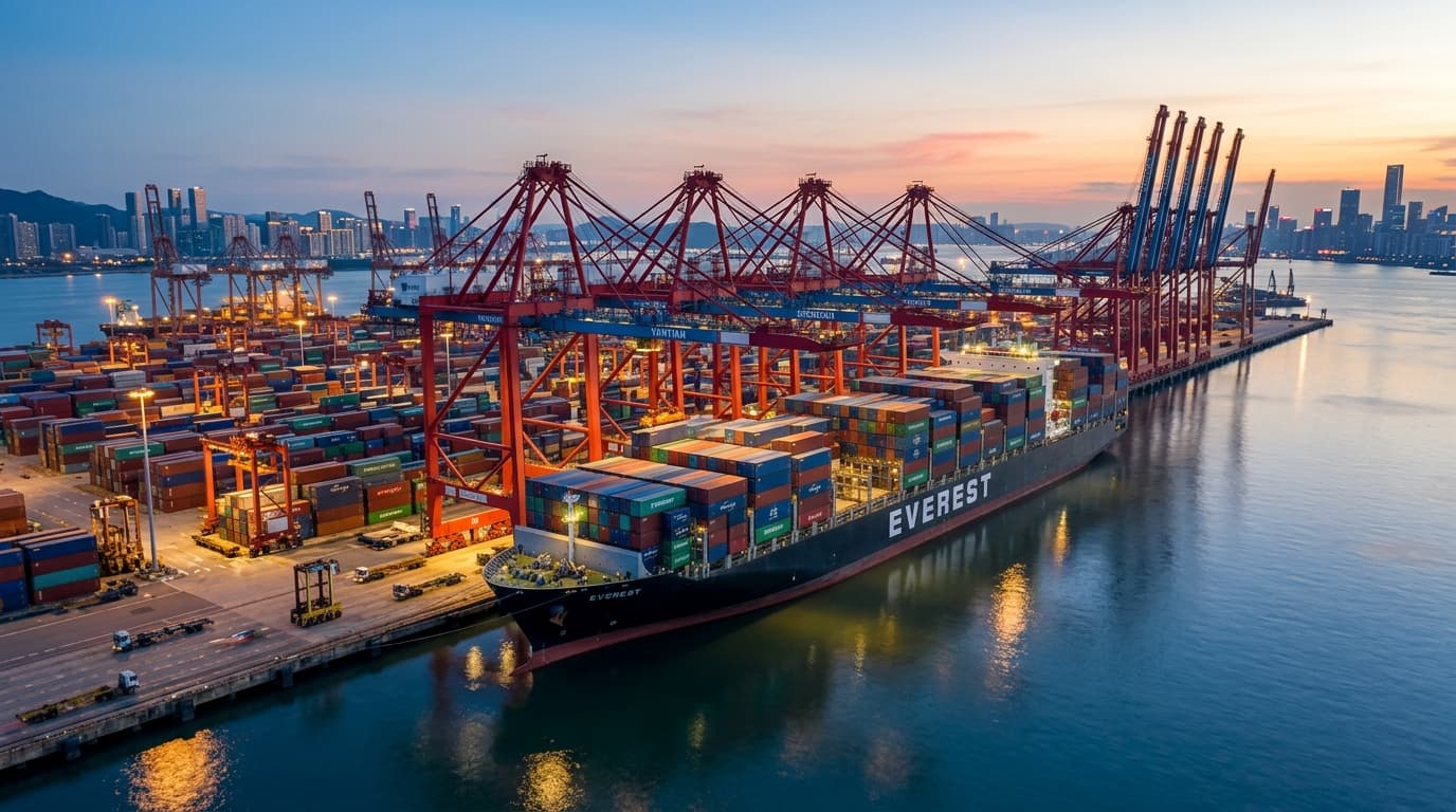China container shipping port logistics at dusk